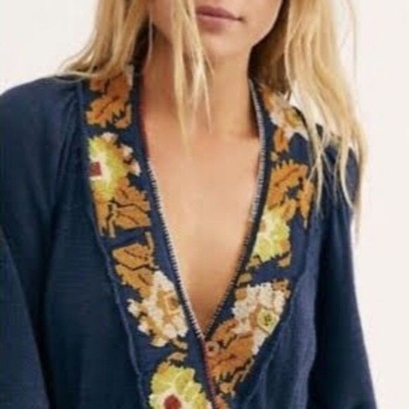 New Free People Rose Red Linen Blend Embroidered Blue - Picture 16 of 16